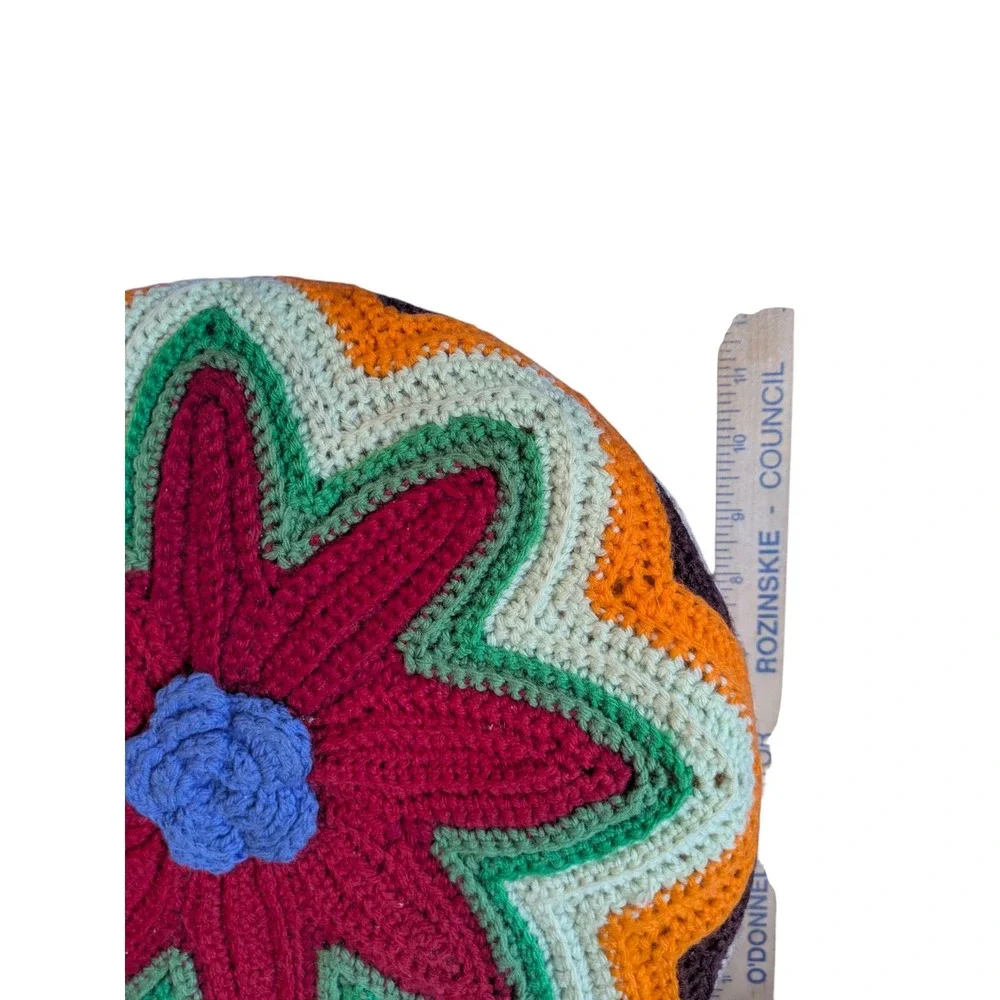 Handmade Crochet‎ Floral Round Throw Pillow Colorful Decorative Cushion